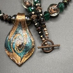 Stunning Necklace Glass Pendant Necklace & Earrings Art Foil Green Copper