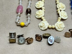 Nice Lot of Antique Jewelry – Glass Beads, Rhinestones, Hand Carved