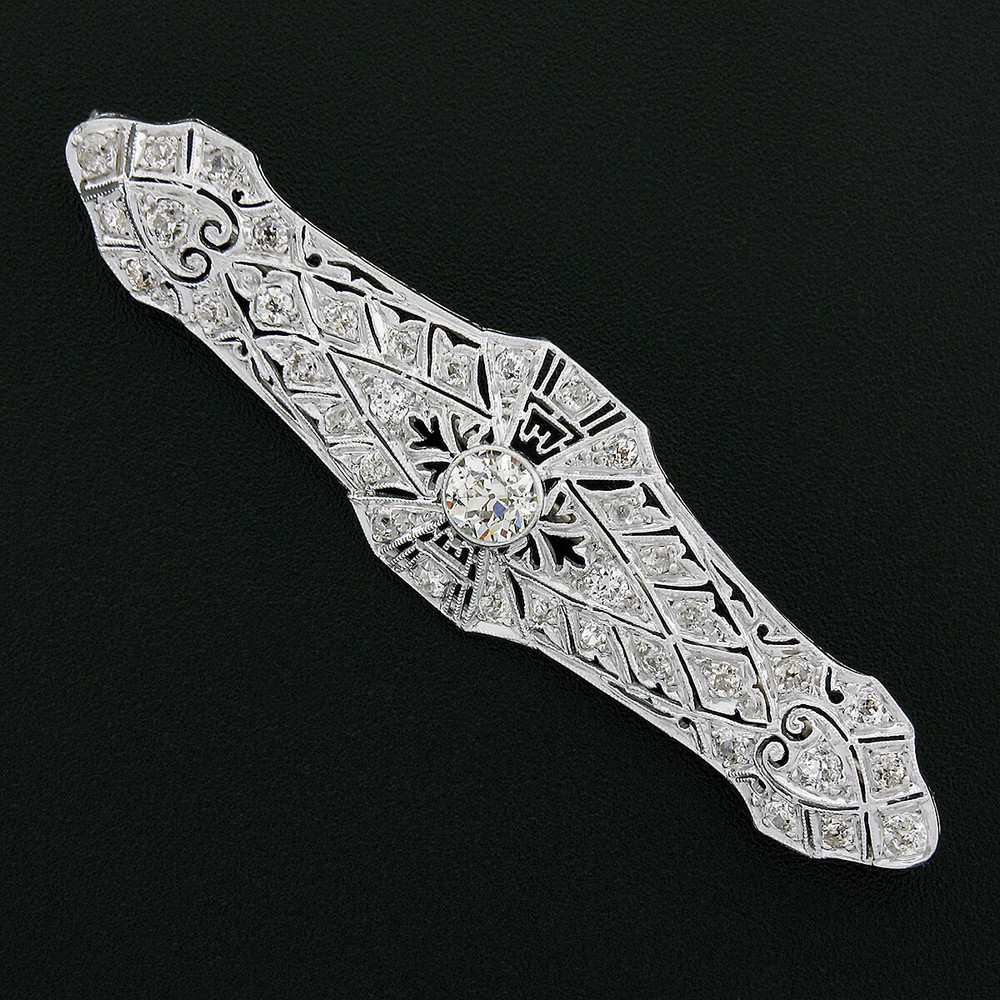 Antique Edwardian Platinum 2.25ctw Old European Diamond Milgrain Open Bar Brooch