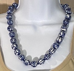Vintage Chinese Export Blue White Large Porcelain Beaded Necklace Filigree Clasp