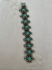 MEXICO STERLING SILVER BRACELET WITH TURQUOISE CABOCHONS 7.5”