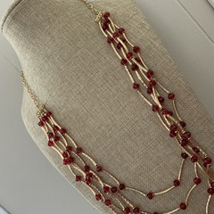 Vintage Red Bead Multi Strand Necklace Gold Tone Bar Link Layered