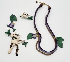 Vintage Cat Bird Polymer Clay Jewelry Set Necklace Brooch Clip Earrings 4 Pc