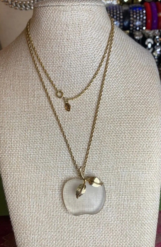 Vintage Avon frosted glass apple pendant on a gold-tone chain