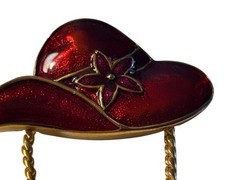 Red Hat Society Brooch Pin Eye Glasses Holder Gold Tone Chain VTG Enamel Shimmer