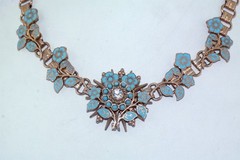 Vtg Enamel Flower Turquoise Bead Seed Pearl Crystal Brass Choker Necklace