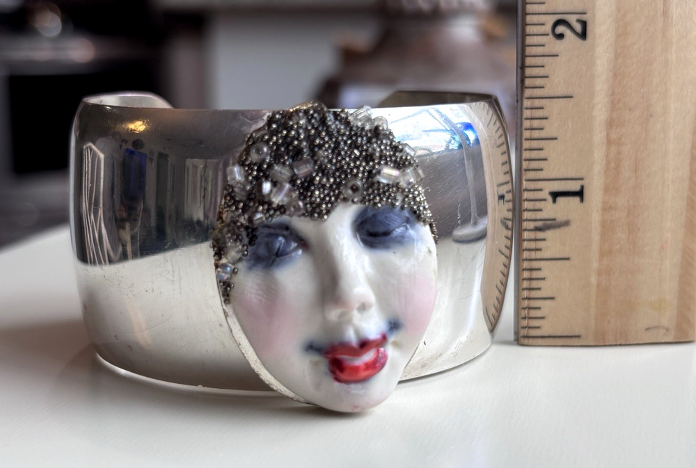 OOAK Clay Art Face Bracelet Cuff Silver-tone Metal VTG 1990s Iridescent Beads