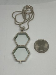Vintage Aqua Hexagon Glass Locket Pendant Necklace 925 Sterling Silver 20”