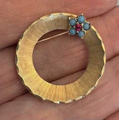 60s Retro 14K Brushed Gold Circle Pin Turquoise Ruby Flower Vintage Brooch 1″