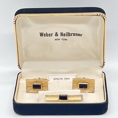 Vintage Swank Genuine Onyx Gold Tone Cufflinks Tie Clip Weber Heilbroner Box