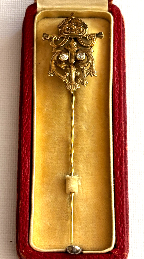 Antique Rare Tsar Solid Gold 14k Diamonds Tsar Ferdinand I Pin Brooch Boxed