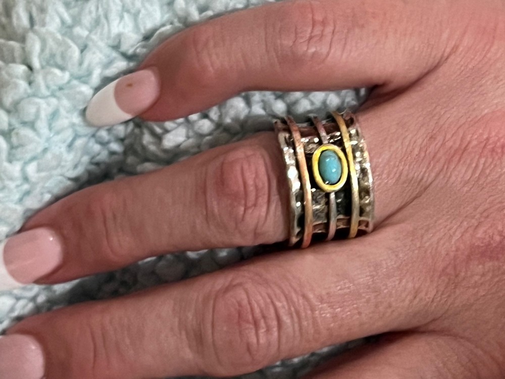 Anthropologie Boho Spinner Ring with Turquoise Stone – Wide Band Size 7.5