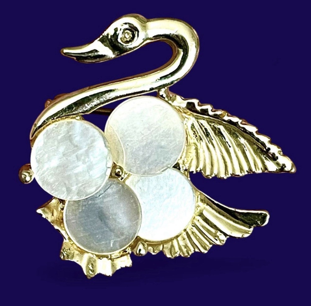 Vintage 1970s Swan Mother of Pearl Discs Brooch Pin Gold Tone Romantic Nautical