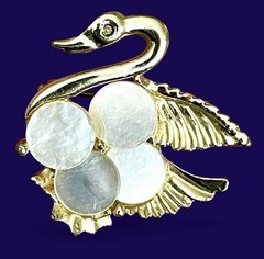 Vintage 1970s Swan Mother of Pearl Discs Brooch Pin Gold Tone Romantic Nautical