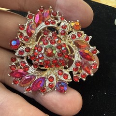 Vintage MCM Red Aurora Borealis Rhinestone Brooch Pin Hollywood Glamour￼2”