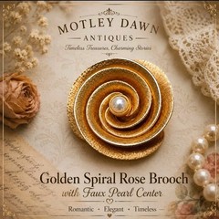 Vintage 60s Golden Pinwheel Rose Spiral w/ Faux Round Pearl Center