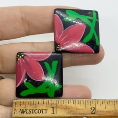 VTG 80s RESIN PINK FLOWER BLACK BIG SQUARE EARRINGS CLIP-ON STATEMENT
