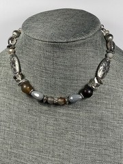 Necklace Beaded Stones Glass Plastic Metal Silver Tone Collar 13”+5.5”