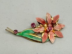 Vintage Rhinestone Flower Brooch Pink, Green Enamel Pin Estate MCM Jewelry 3.5in