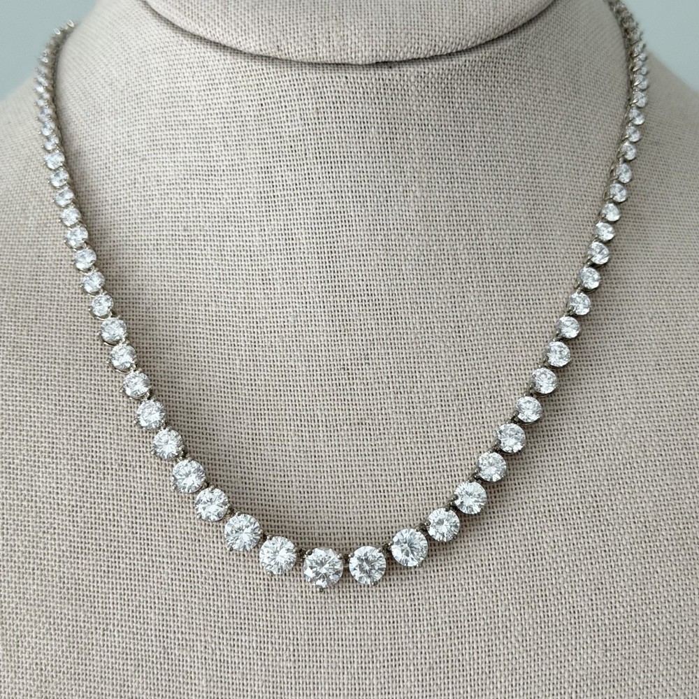 Ross Simons 925 Sterling Silver Clear CZ Sparkly Graduated Tennis Necklace 17″