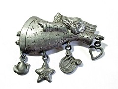 CHRISTMAS ANGEL WITH DANGLE CHARMS VINTAGE DARK SILVER TONE PIN