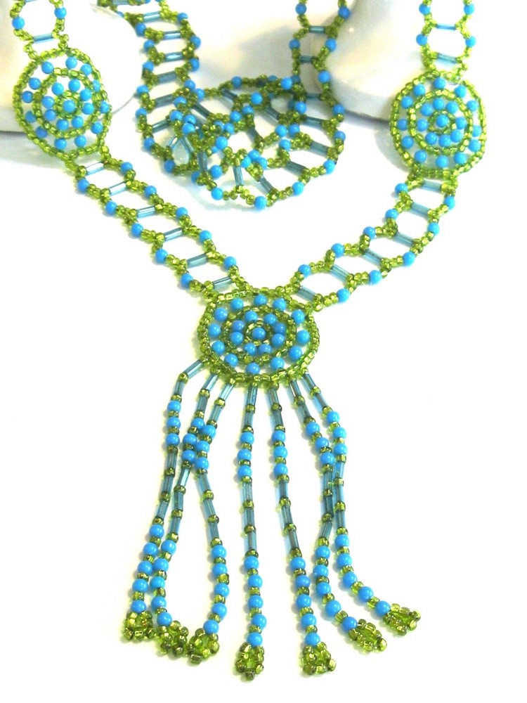 VINTAGE GLASS BEADED ART NOUVEAU ART DECO FLAPPER NECKLACE GYPSY CARAVAN ROSETTE