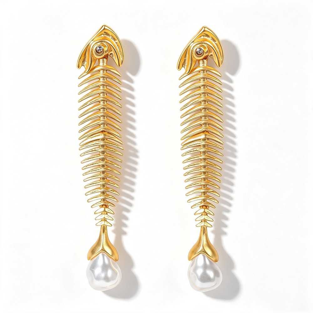 Vintage Gold-Tone Fish Bone 4.1″ Long Drop Earrings Pearl Statement Jewelry