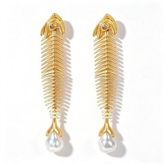 Vintage Gold-Tone Fish Bone 4.1″ Long Drop Earrings Pearl Statement Jewelry