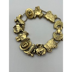 Vintage 1995 BG Western Slide Charm Bracelet Gold Tone Cowboy Boot Hat Wagon