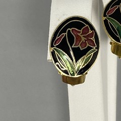 Cloisonne Stud Button Earrings Flower Iris Enamel Black Base Clip On Vintage .75