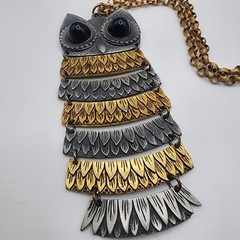 Large Vintage Retro Silver/Gold Tone ARTICULATED OWL Pendant Necklace 22″ Chain!
