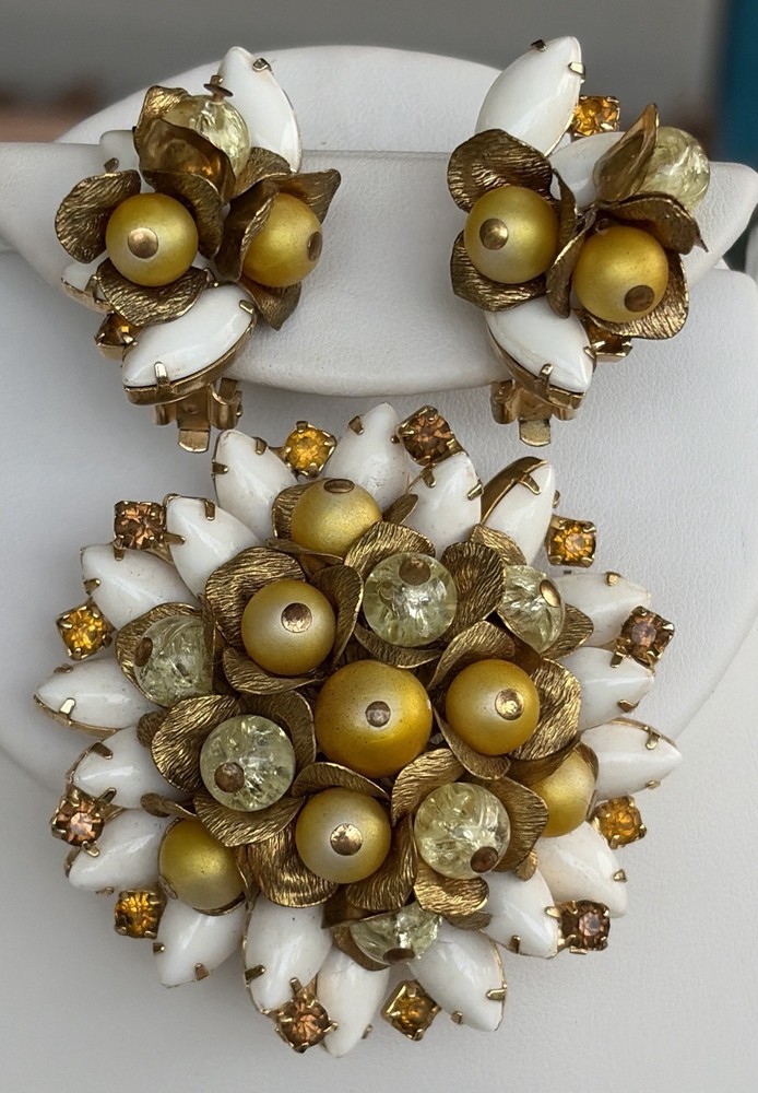 Vintage Floral Brooch Earrings Set White Navette Beads Lucite Gold Tone Clip
