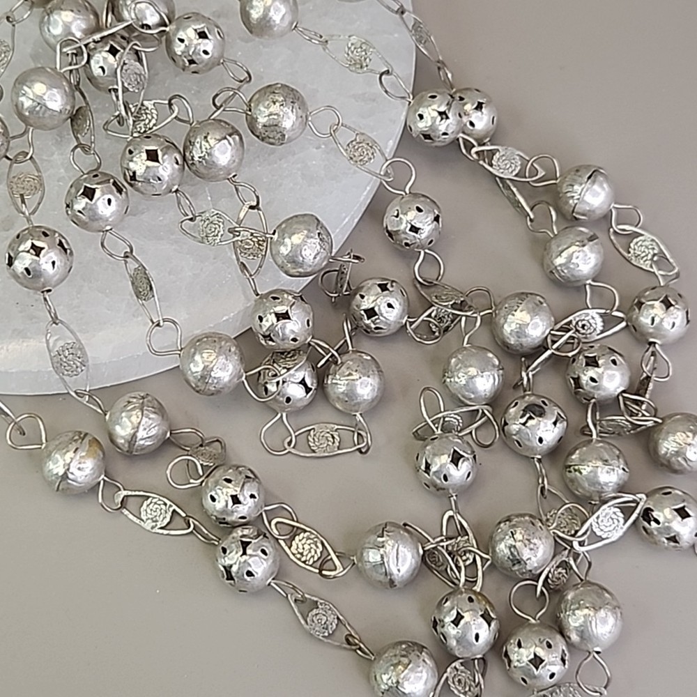 Vintage Mexican Wedding Lasso Necklace Silver Tone Filigree Ball Link Chain 72″