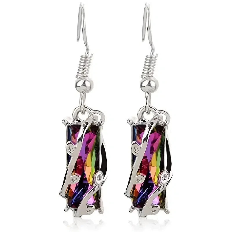 Artsy Boho 1.25″ Green w/ Flash Dangle Drop Silver Tone French Wire Earrings NEW