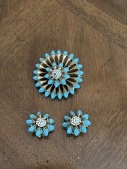 Vintage Mid-Century Turquoise Tone Clear Rhinestone Floral Brooch & Earrings Set