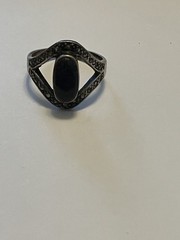Sterling Silver Ring Marcasite 925 size 7, Black Sparkle center Art Deco 1980s