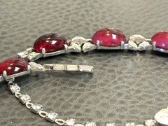 RARE ART DECO JOMAZ Or MAZER Faux Ruby Cabochon Rhinestone SILVER TONE Necklace