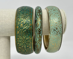 Boho Vintage Style Teal Green Embossed Brass Bangle Bracelet Mixed Set (3) Stack