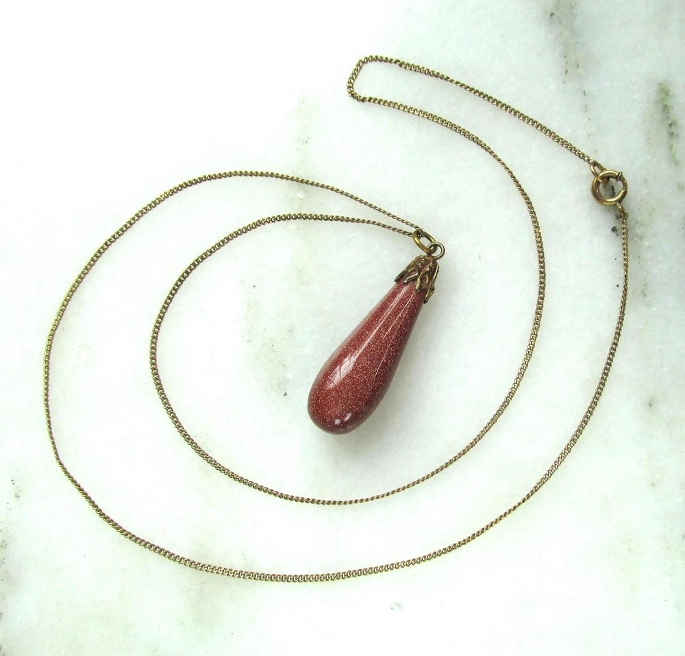 Vintage Gold-Filled Goldstone Tear Drop Pendant Necklace ETC10290