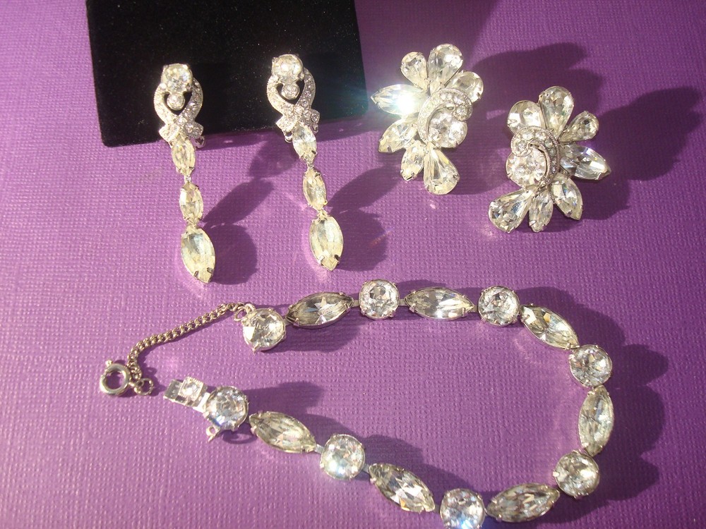 Vtg. EISENBERG BRACELET&TWO PAIRS EARRINGS CLEAR RHINESTONES ALL SIGNED,LOT/SET