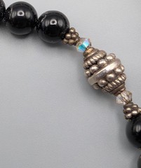 Lori Waters Black Onyx Bead Necklace Sterling Look Crystal Artisan 18″ Signed