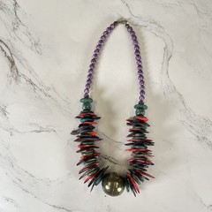 Vtg Bohemian Bright Multicolor Wood Bronze Statement Necklace 21″ Tribal Ethnic
