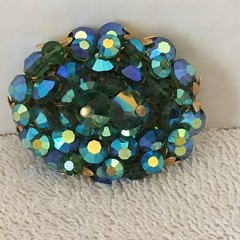 Vintage Brooch AB Crystal / Glass Beads Faceted Heavy Blues & Greens Sparkly