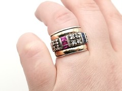 Vintage Sterling Gold Inlay Multi Gemstone Ruby Sapphire Wide Ring Band Sz 5.25