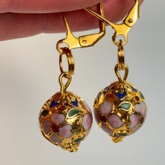 Vintage Cloisonne Dangle Earrings Gold Floral Enamel Glass Bead Boho Chic