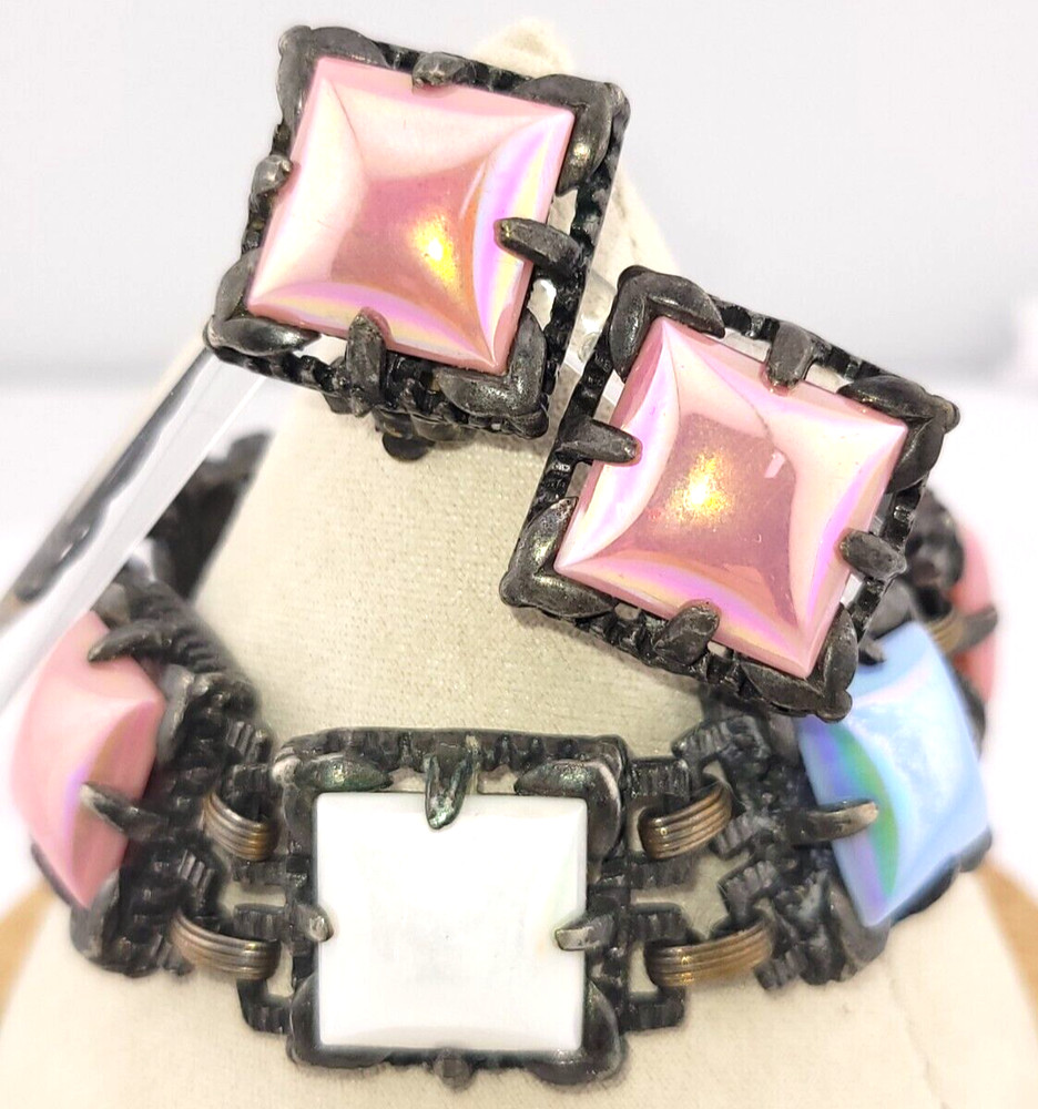 Vintage Pastel Pink Blue AB Gripoix Glass Cabochon Clip Earrings & Bracelet Set