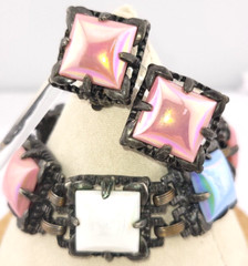 Vintage Pastel Pink Blue AB Gripoix Glass Cabochon Clip Earrings & Bracelet Set