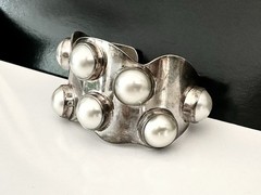 Mexico Southwest Sterling Silver Bracelet Pearl 925 Vintage Signed Modernist 77g