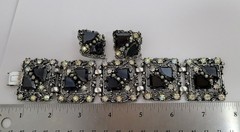 Wide Rhinestone Panel Bracelet 5 link & Earrings Set ab black rhinestones vtg