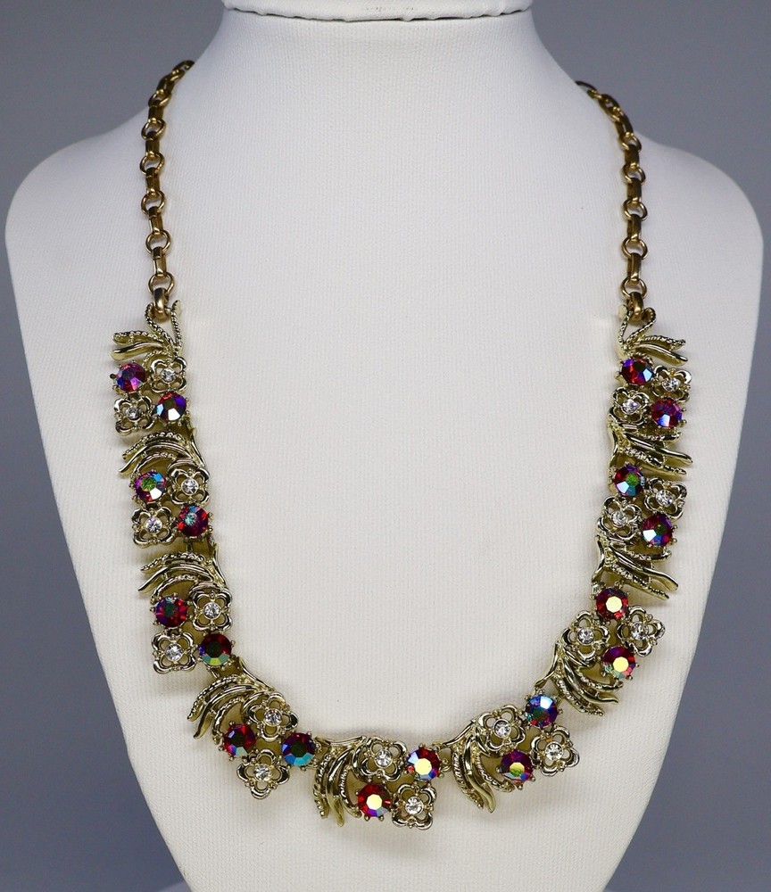 Vintage Coro Necklace AB Red & Clear Rhinestones Gold Tone 17″